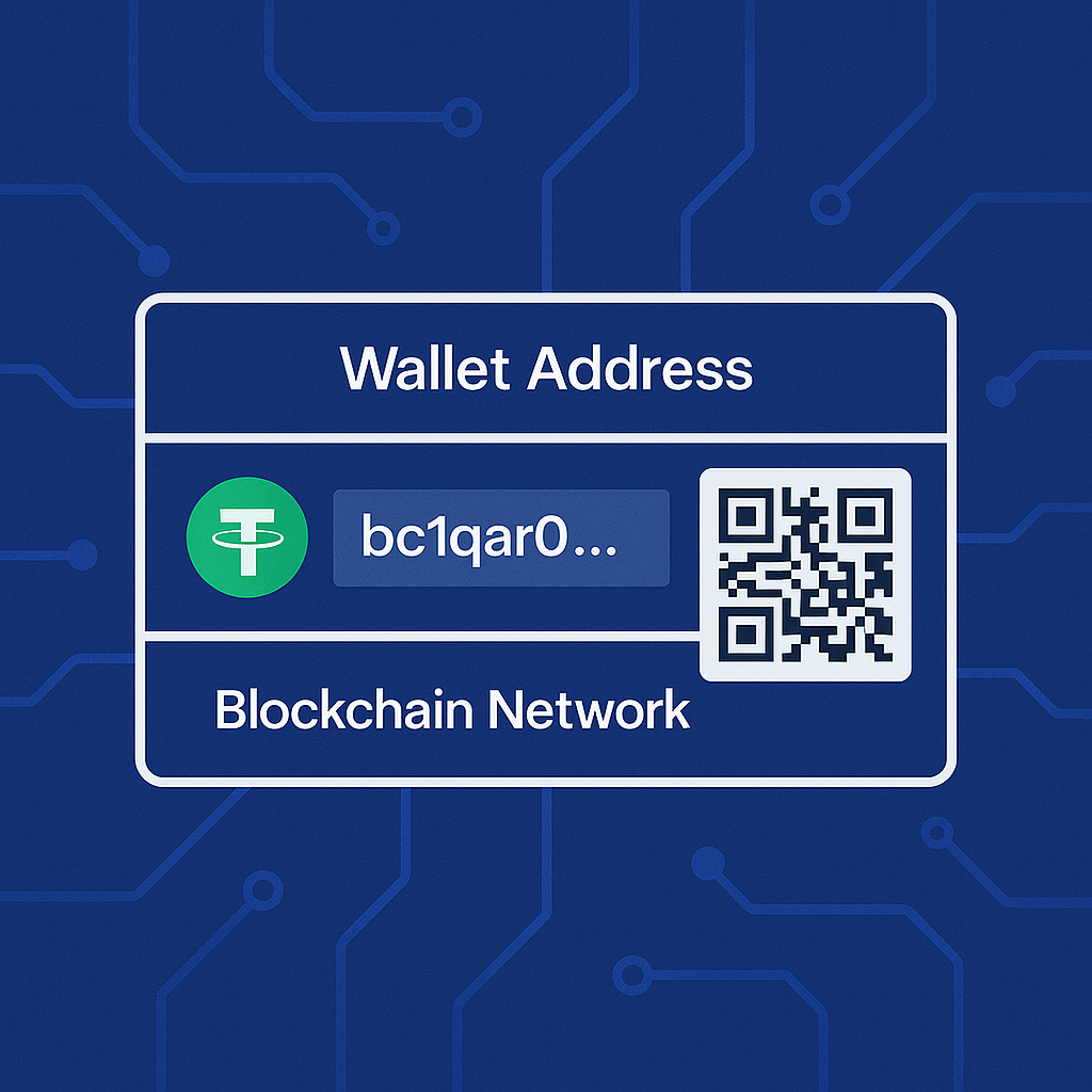 암호화폐 지갑 주소와 QR코드를 보여주는 화면, USDT 아이콘 강조, 블록체인 네트워크